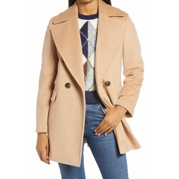 $225 Halogen Atlantic Pacific Double Breasted Wool Blend Coat Tan Peacoat Small